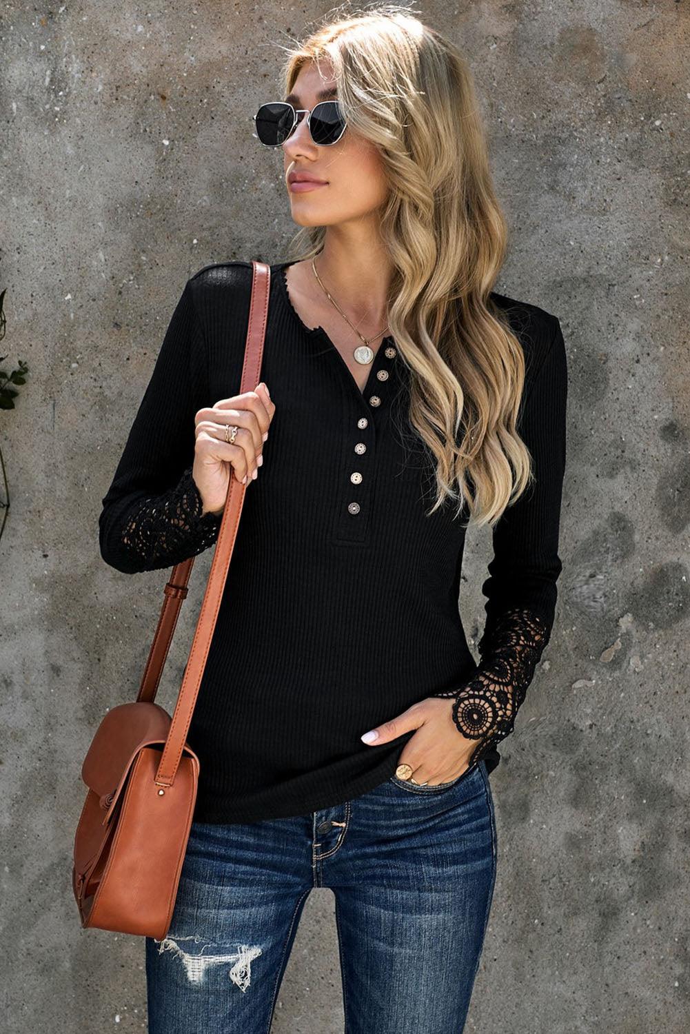 Black Crochet Lace Hem Sleeve Button Top - L & M Kee, LLC