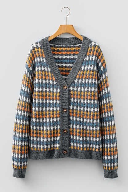 Gray Dotty Pattern Knit Button Front V Neck Sweater Cardigan