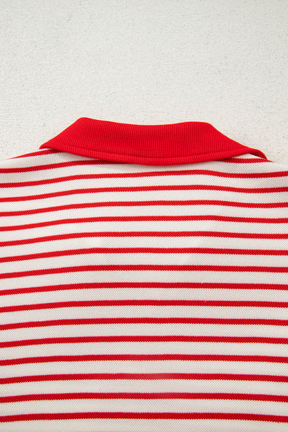 Red Stripe Collared V Neck Drop Shoulder Pullover and Skort 2pcs Outfit