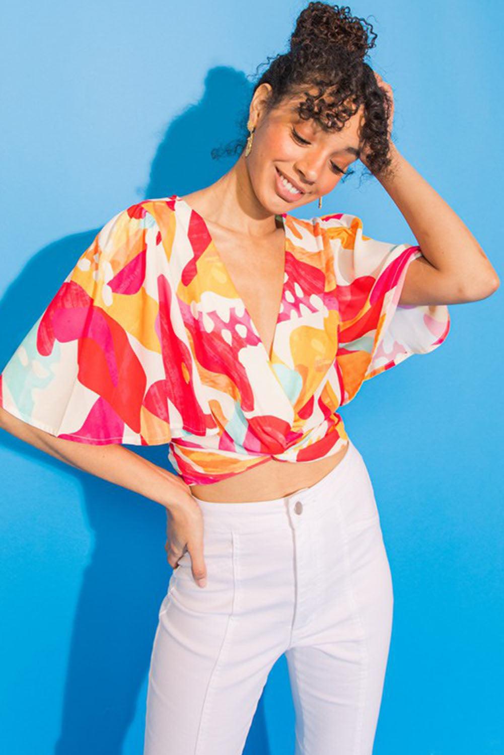 Multicolor Abstract Print V Neck Twist Front Cropped Blouse