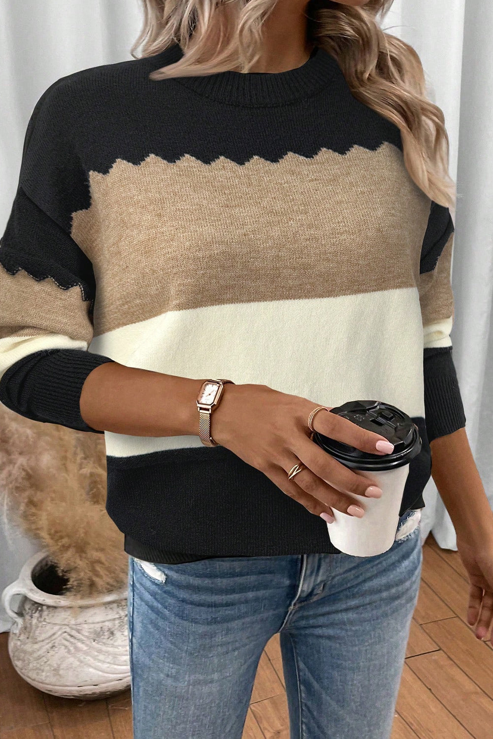 Black Colorblock Crew Neck Drop Shoulder Sweater