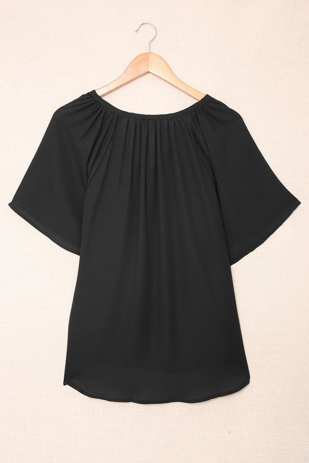 Black Split Neck Pleated Loose Top - L & M Kee, LLC