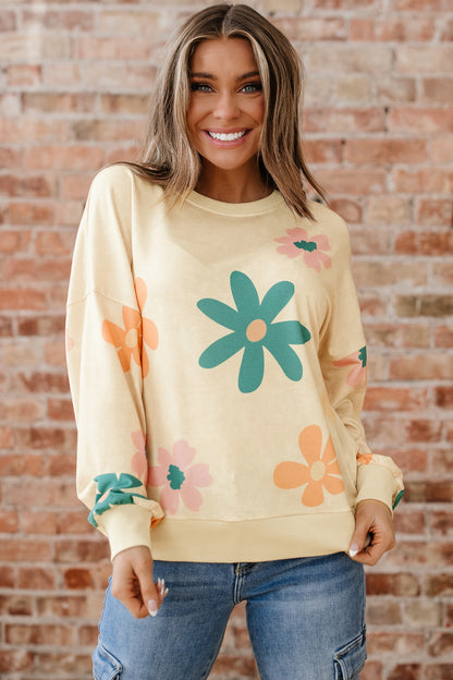 Khaki Mineral Washed French Terry Flower Print Sweatshirt