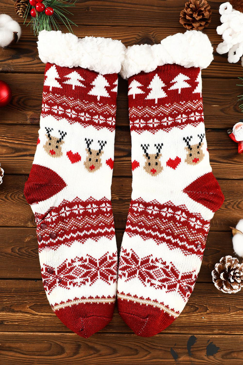 Fiery Red Cartoon Santa Claus Christmas Fleece Socks - L & M Kee, LLC