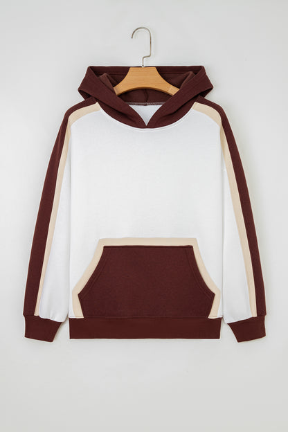Coffee Color Block Patchwork Athleisure Hooded Sweatshirt