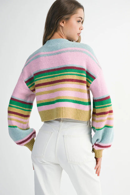 Multicolour Striped Knit Ribbed Trim Boxy Fit Cropped Sweater