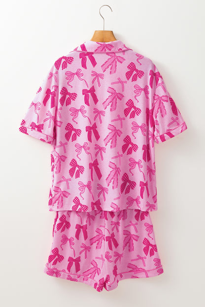 Pink Bow Print Half Sleeve Shirt and Shorts Pajamas Set