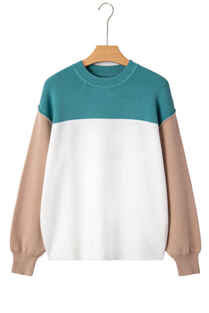 Green Color Block Plain Ribbed Knit Baggy Sweater