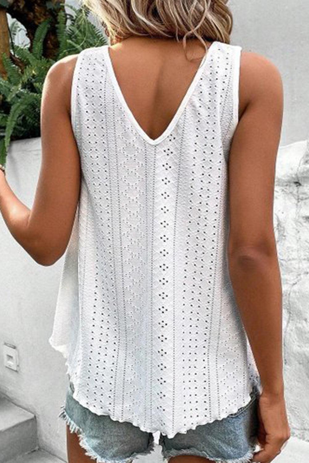 White Plus Size Guipure V Neck Eyelet Lace Tank Top - L & M Kee, LLC