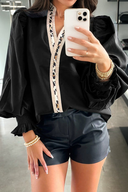 Black Puffy Flounce Sleeve Leopard Trim V Neck Blouse