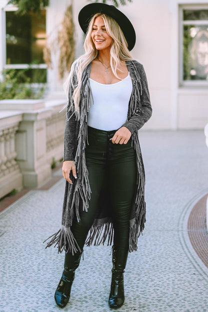 Black Fringed Hem Pocketed Open Cardigan - L & M Kee, LLC