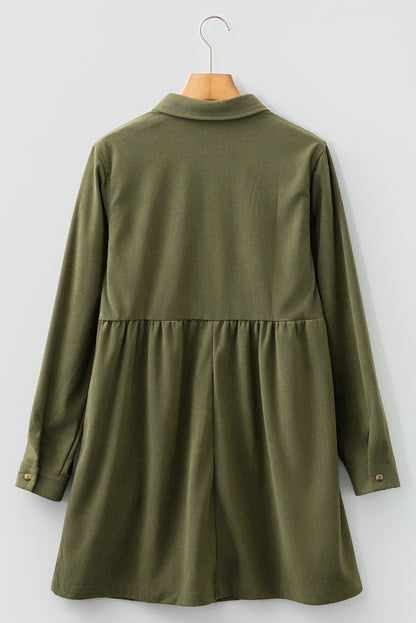 Vineyard Green Corduroy Half Button Collared Long Sleeve Mini Dress