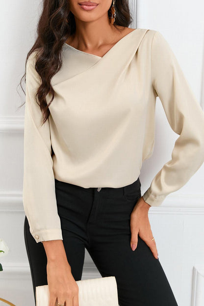 Solid Asymmetric V Neck Long Sleeve Satin Blouse - L & M Kee, LLC