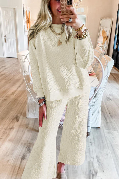 White Textured Long Sleeve Top Drawstring Pants Set - L & M Kee, LLC