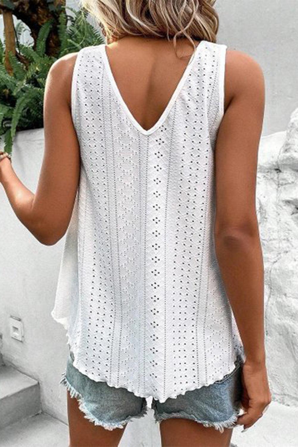 White Lace Crochet Splicing V Neck Loose Fit Tank Top - L & M Kee, LLC