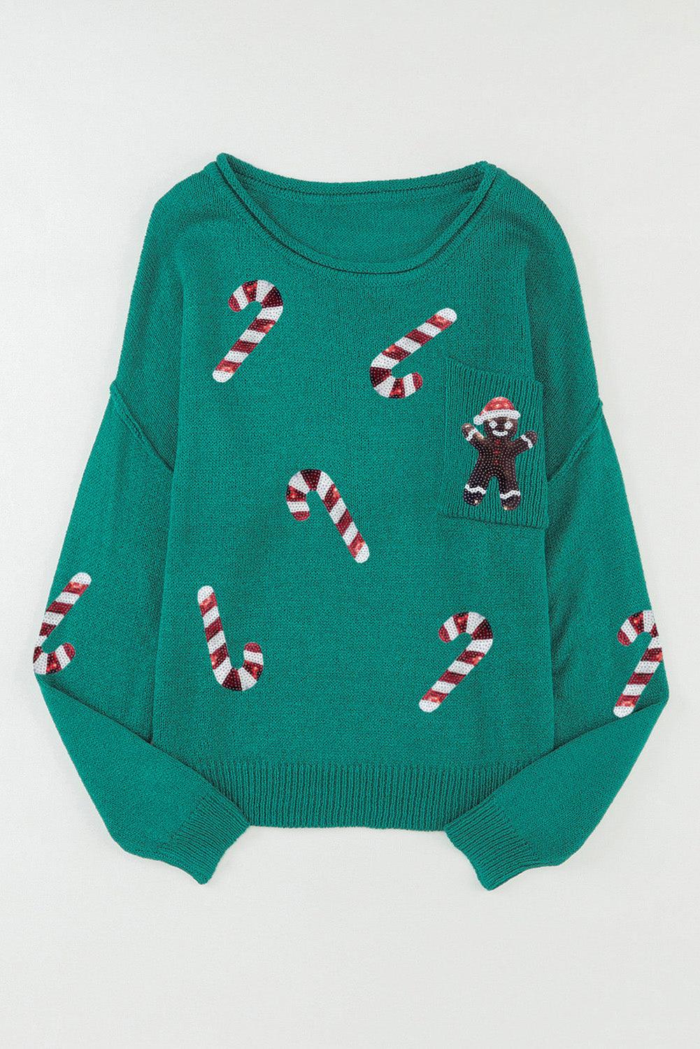 Green Sequined Candy Canes Gingerbread Man Sweater - L & M Kee, LLC