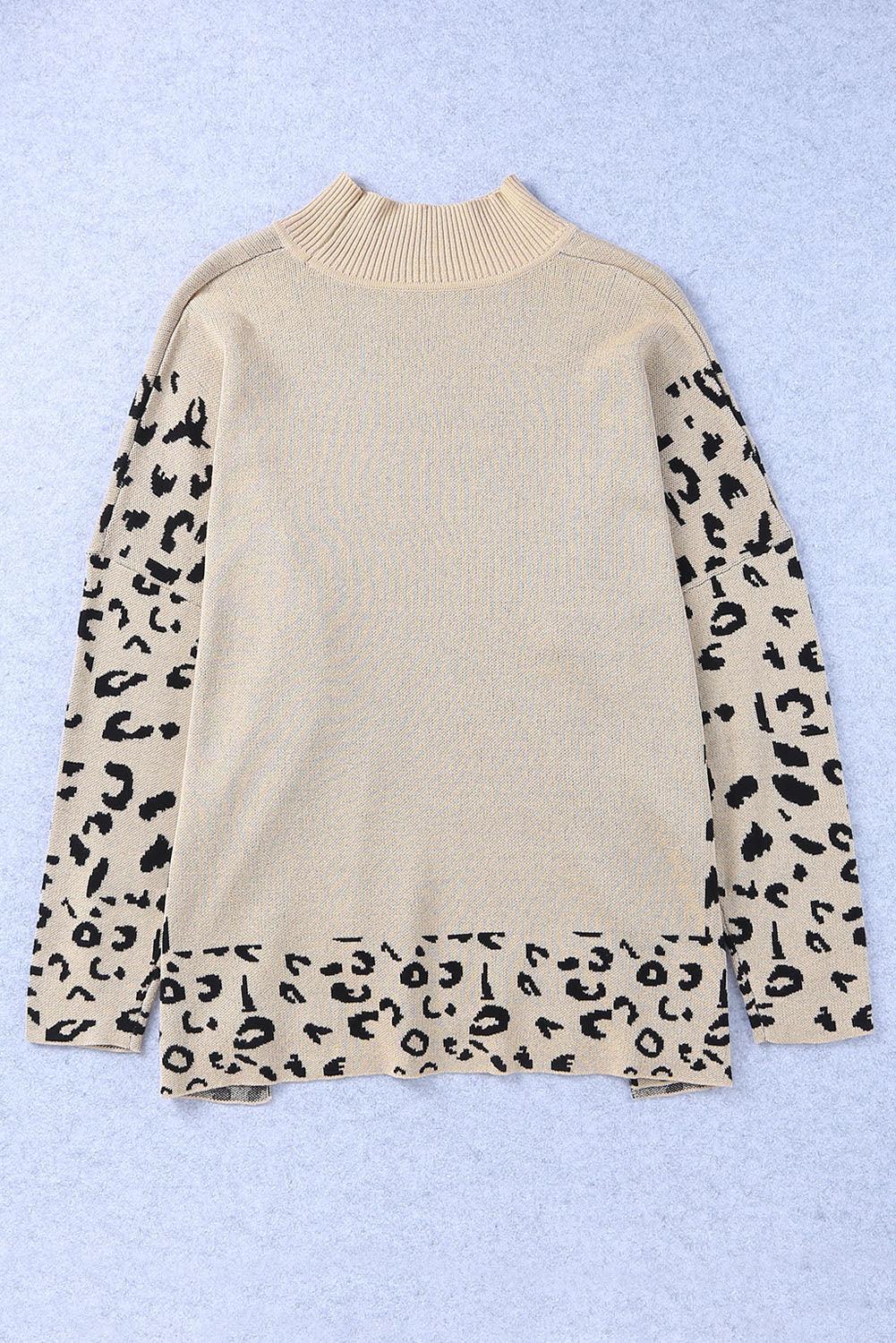 Khaki Leopard High Neck Side Slit Oversized Sweater - L & M Kee, LLC