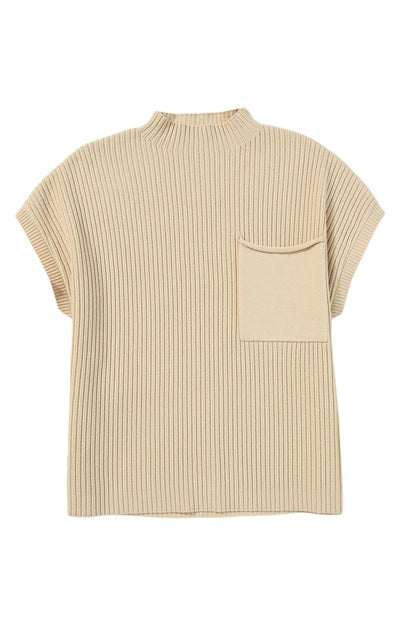 Oatmeal Patch Pocket Ribbed Knit Short Sleeve Sweater - L & M Kee, LLC