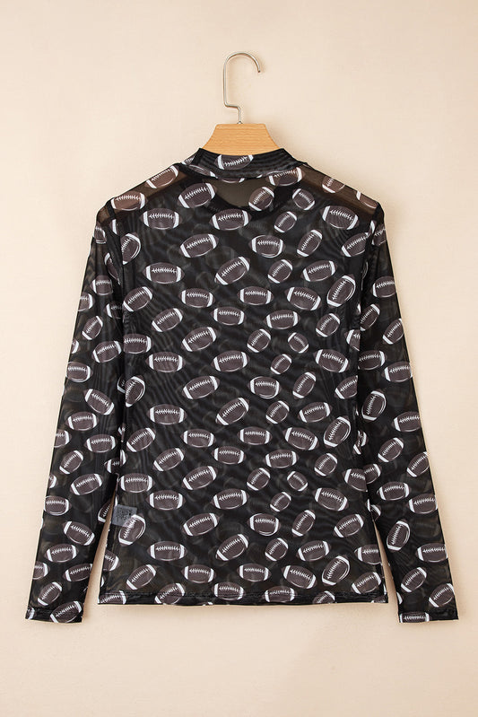 Black Game Day Rugby Mesh Sheer Long Sleeve Top