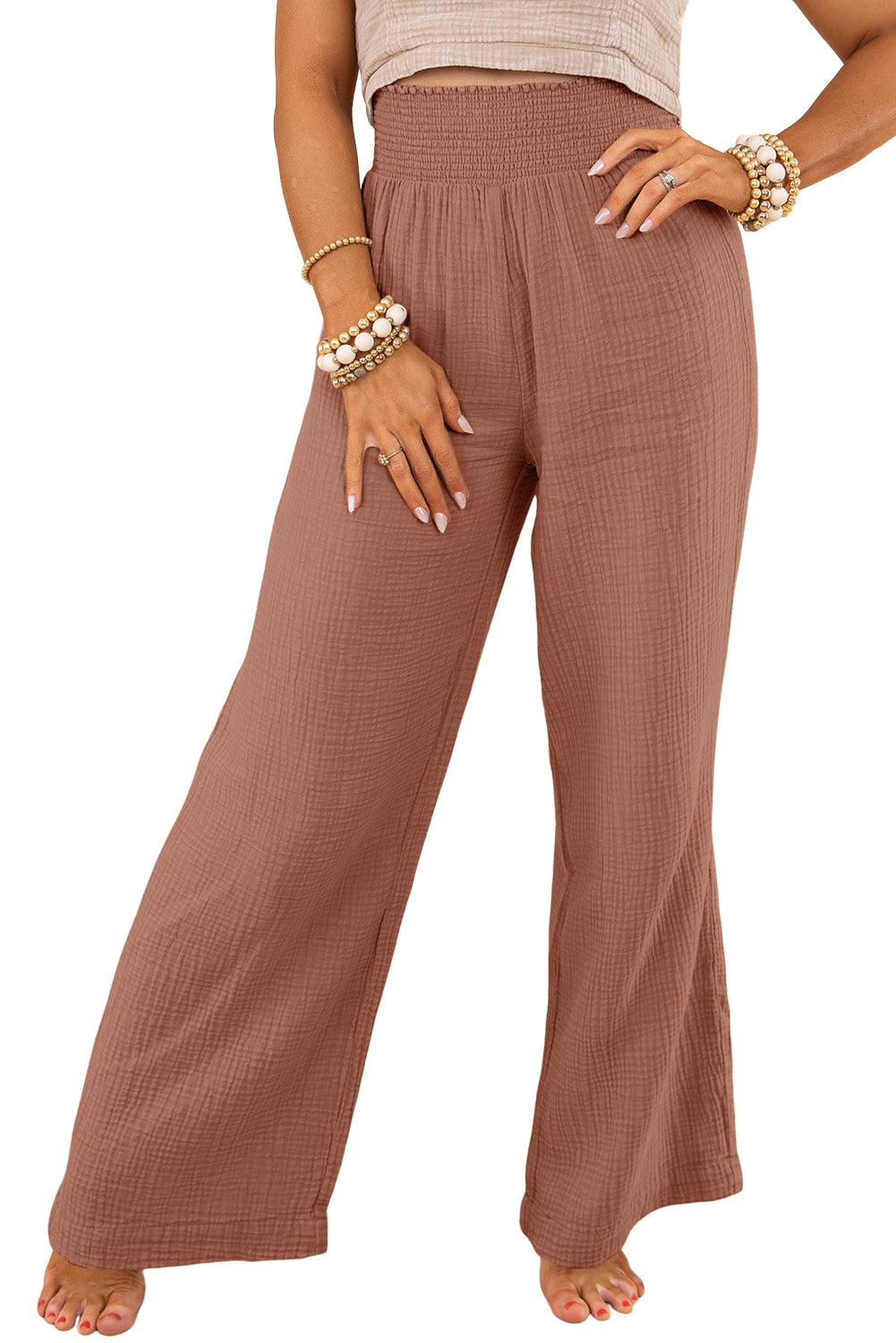 Khaki Textured High Waist Wide Leg Plus Size Pants - L & M Kee, LLC