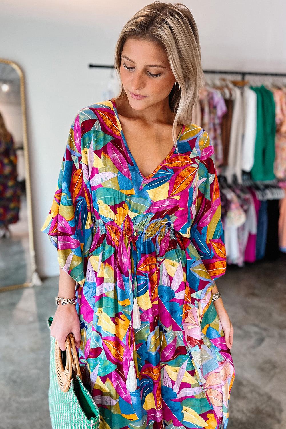 Multicolour Abstract Print High Waist V Neck Maxi Dress - L & M Kee, LLC