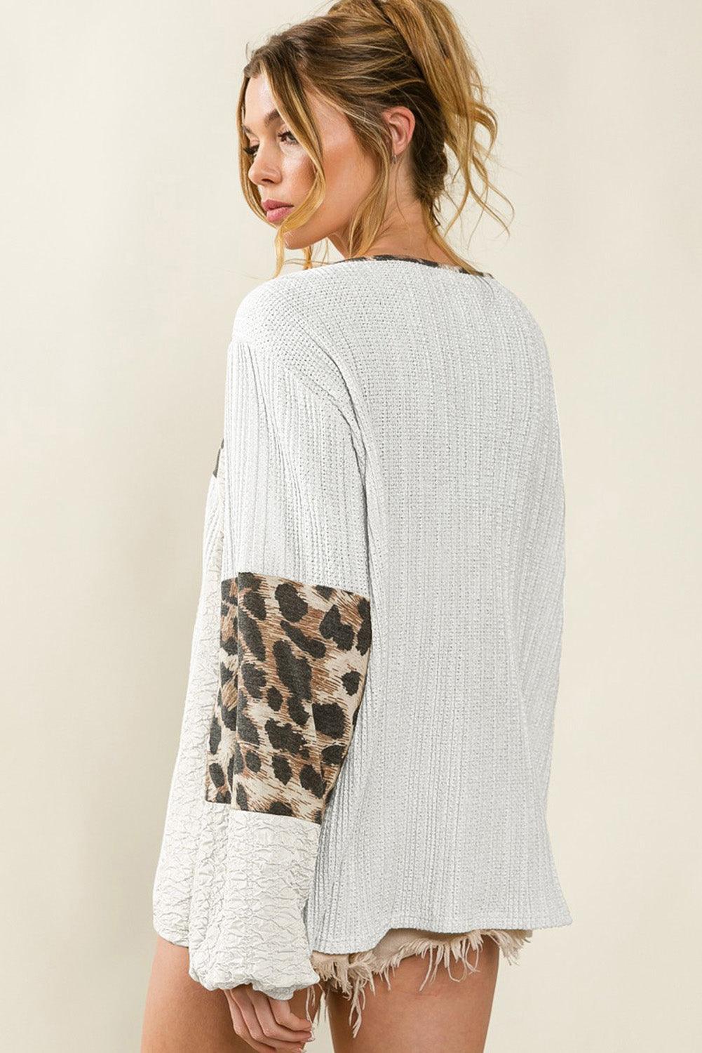 White Leopard Patch Puff Sleeve Textured Blouse - L & M Kee, LLC