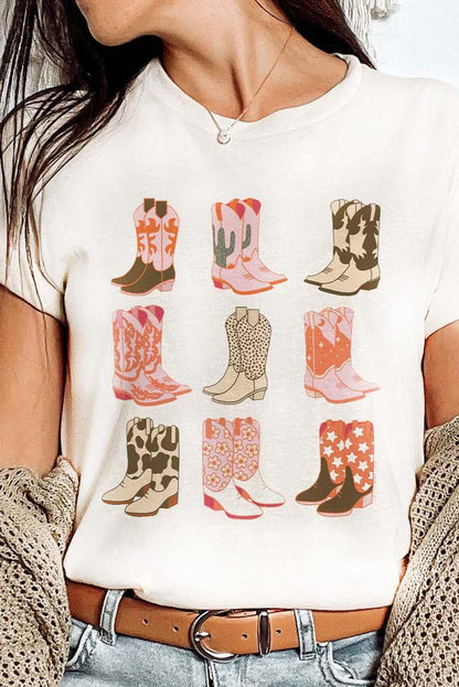 White Western Cowboy Boots Print Round Neck T Shirt - L & M Kee, LLC