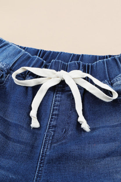 Blank Apparel - Blue Drawstring Elastic Waist Hole Ripped Jeans - L & M Kee, LLC