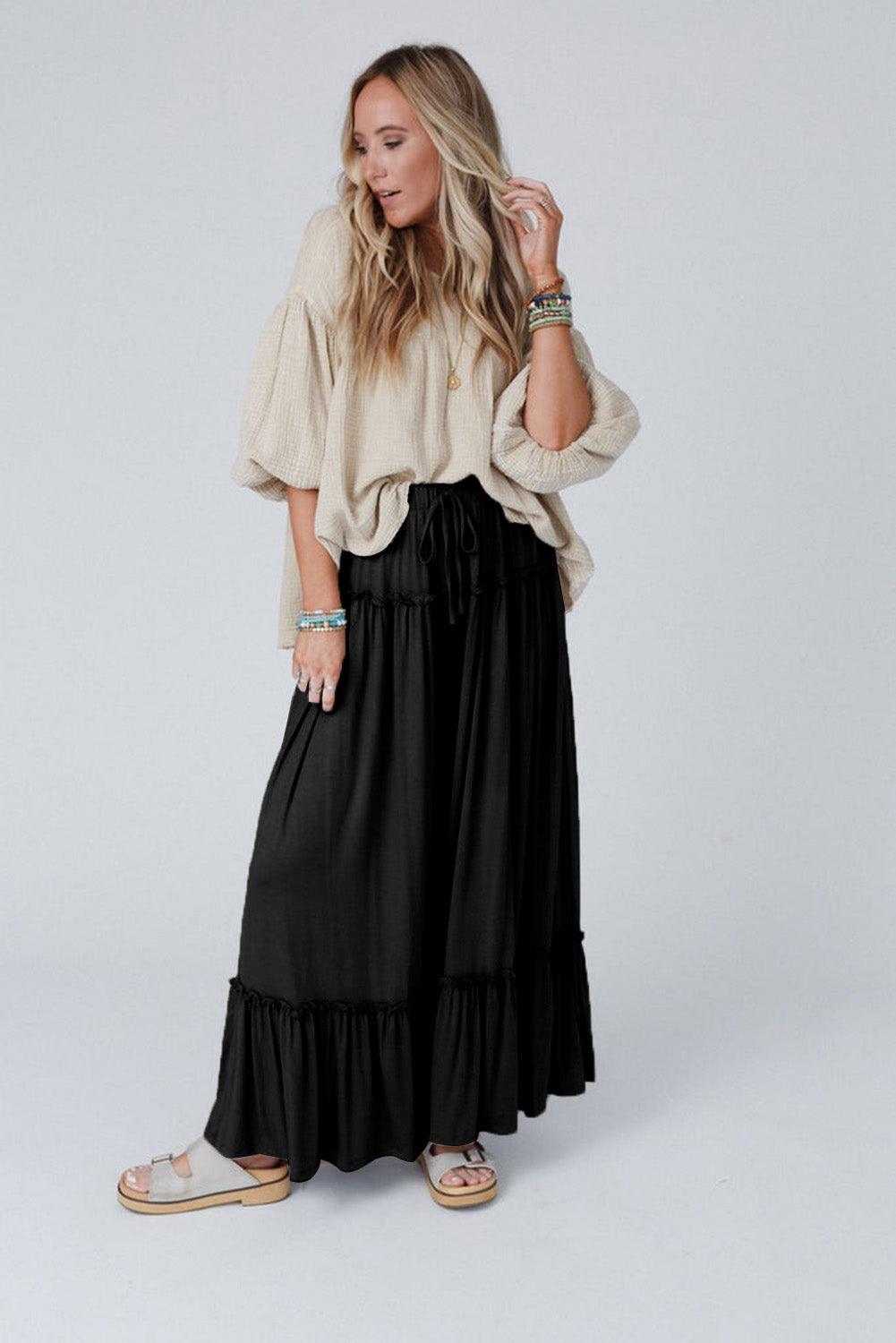 Black Frilled Drawstring High Waist Wide Leg Pants - L & M Kee, LLC