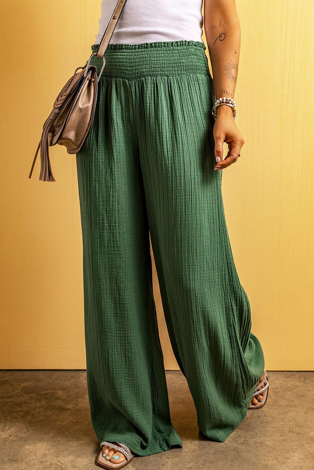 Green Smocked Waist Crinkled Wide Leg Pants - L & M Kee, LLC
