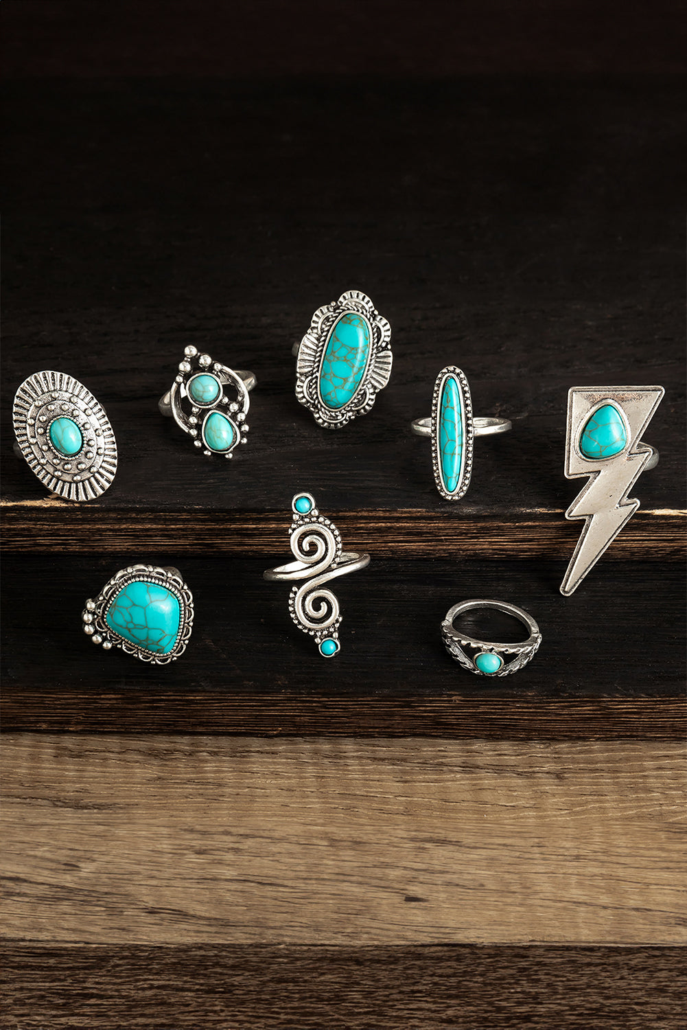 Silvery 8pcs Turquoise Inlay Western Ring Set