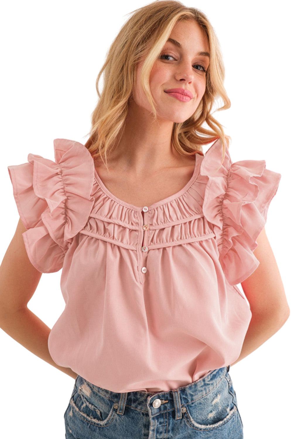 Peach Blossom Shirring Buttoned Neck Ruffle Sleeve Blouse - L & M Kee, LLC