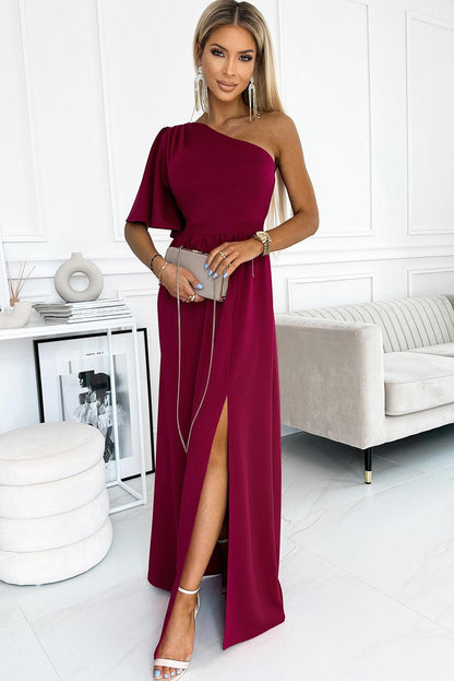 Rose One Shoulder Ruffle Sleeve Maxi Dress with Slit - L & M Kee, LLC