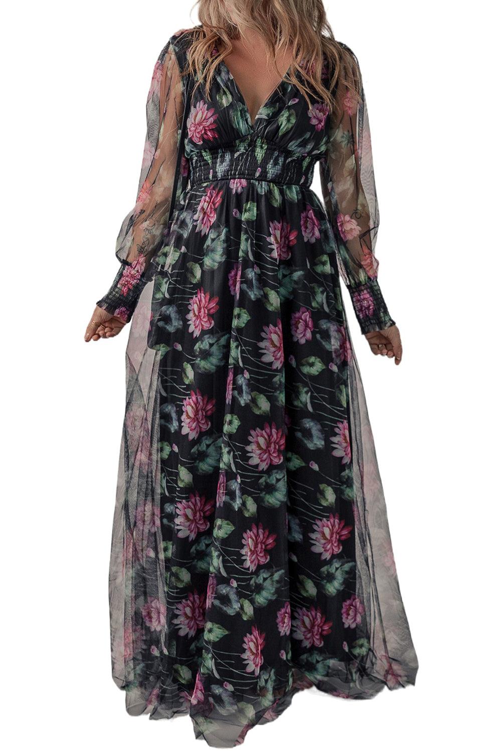 Black Mesh Sheer Shirred High Waist Floral Maxi Dress - L & M Kee, LLC