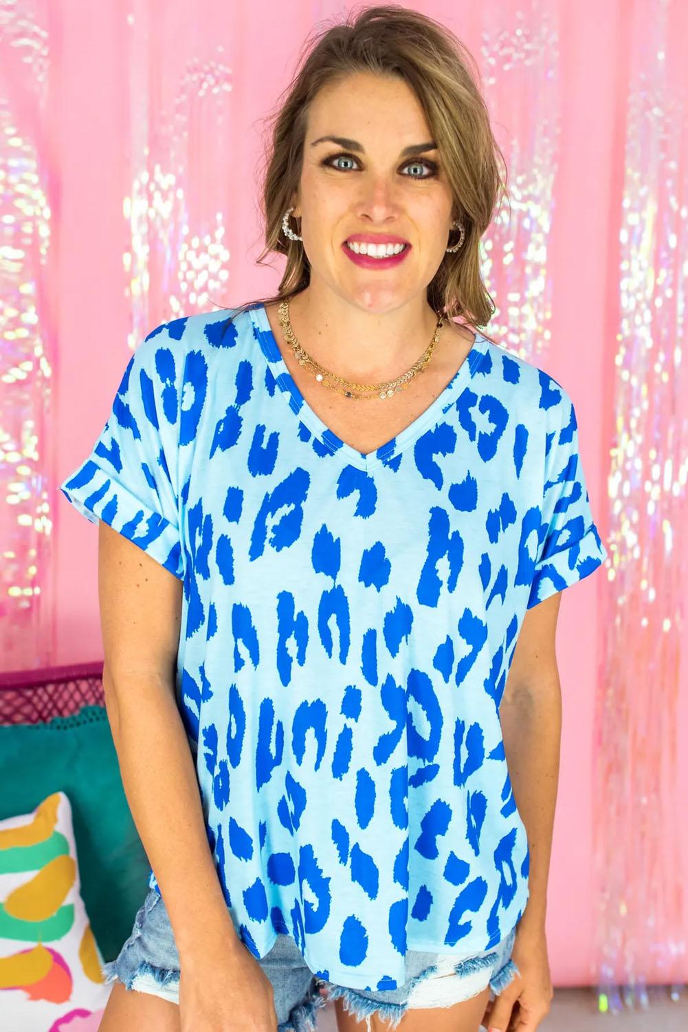 Sky Blue Leopard Printed V Neck Plus Size T Shirt