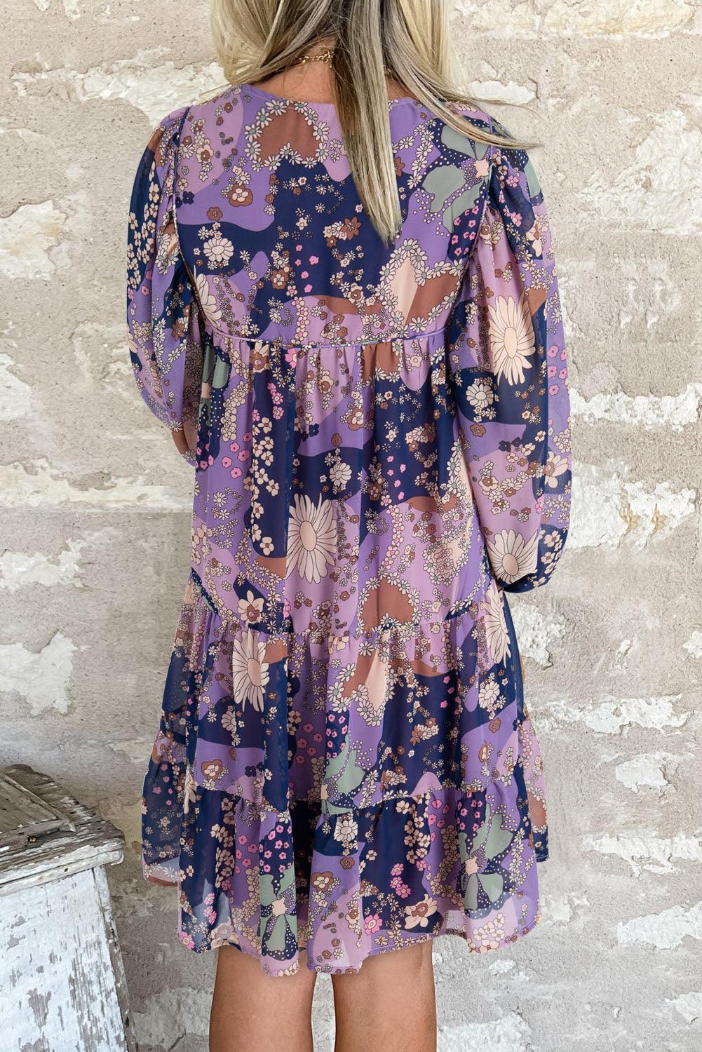 Purple Vintage Daisy Floral Puff Sleeve Ruffle Short Dress - L & M Kee, LLC