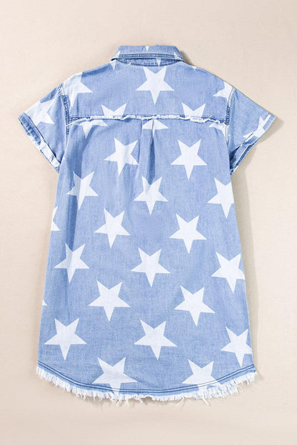 Sky Blue Stars Frayed Hem Collared Short Sleeve Denim Dress - L & M Kee, LLC