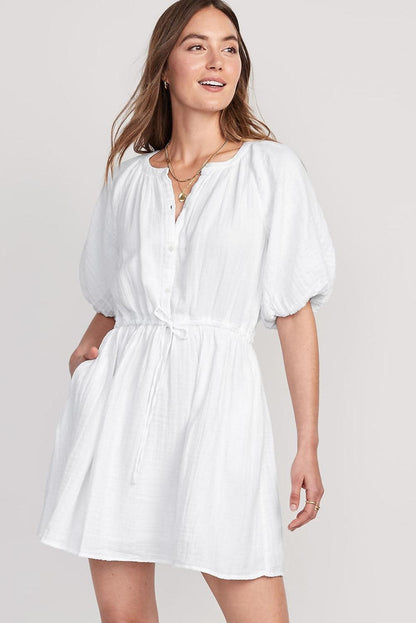 Puff Sleeve Drawstring Shirt Dress with Pockets - L & M Kee, LLC