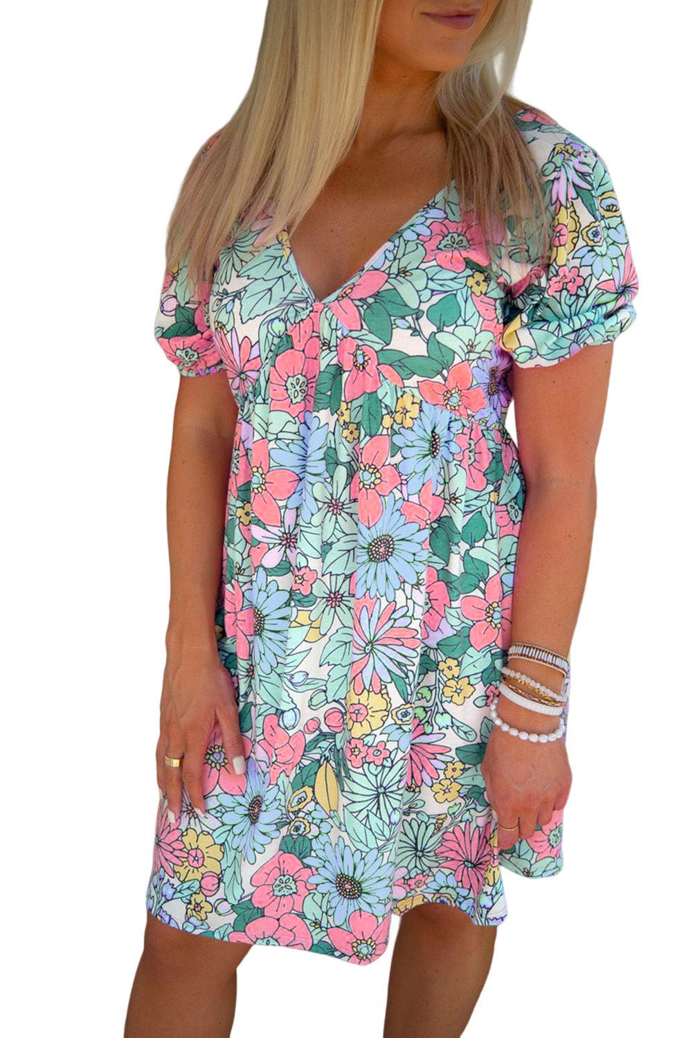 Multicolor Floral Print Tie Back Short Sleeve Dress - L & M Kee, LLC