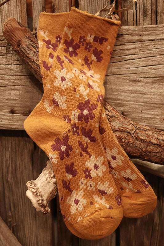 Mustard Vintage Floral Pattern High Ankle Socks - L & M Kee, LLC