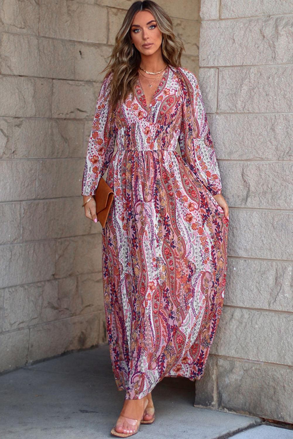 Multicolour Boho Paisley Print V Neck Empire Waist Maxi Dress - L & M Kee, LLC