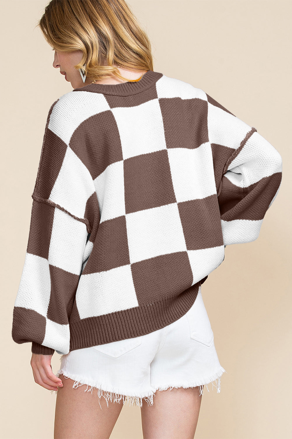 Fiery Red Checkered Bishop Sleeve Sweater
