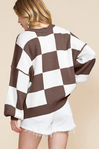 Fiery Red Checkered Bishop Sleeve Sweater