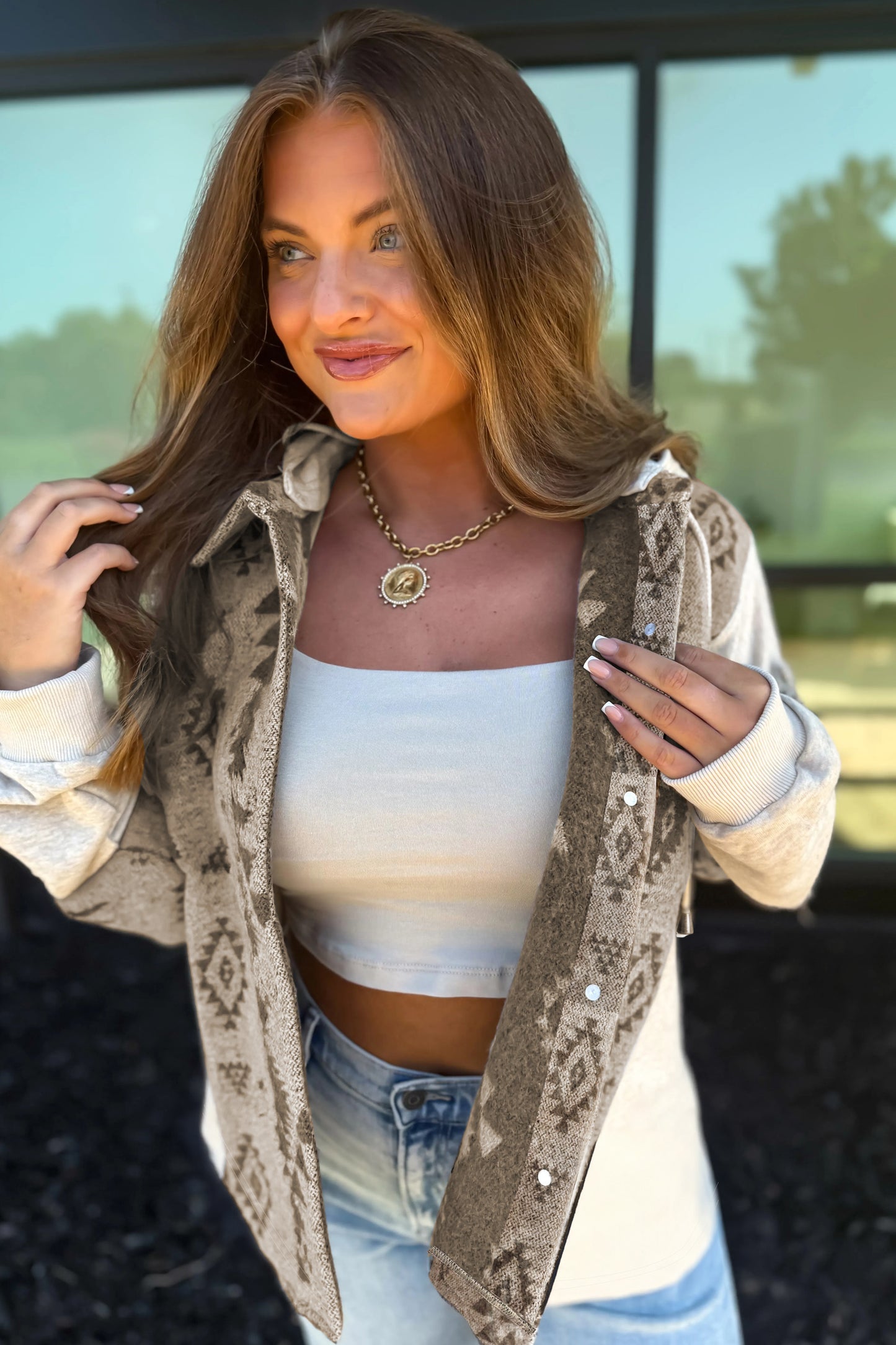 Gray Western Aztec Print Color Block Patchwork Drawstring Hooded Shacket