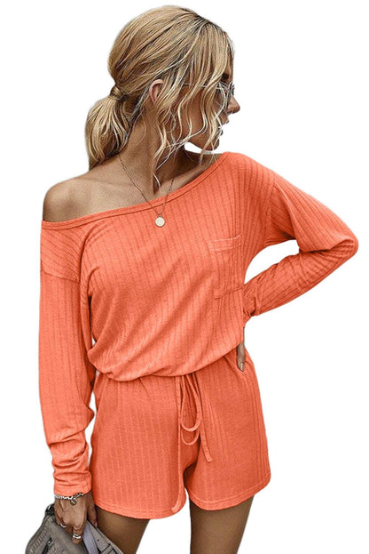 Ribbed Drawstring Waist Long Sleeve Romper - L & M Kee, LLC