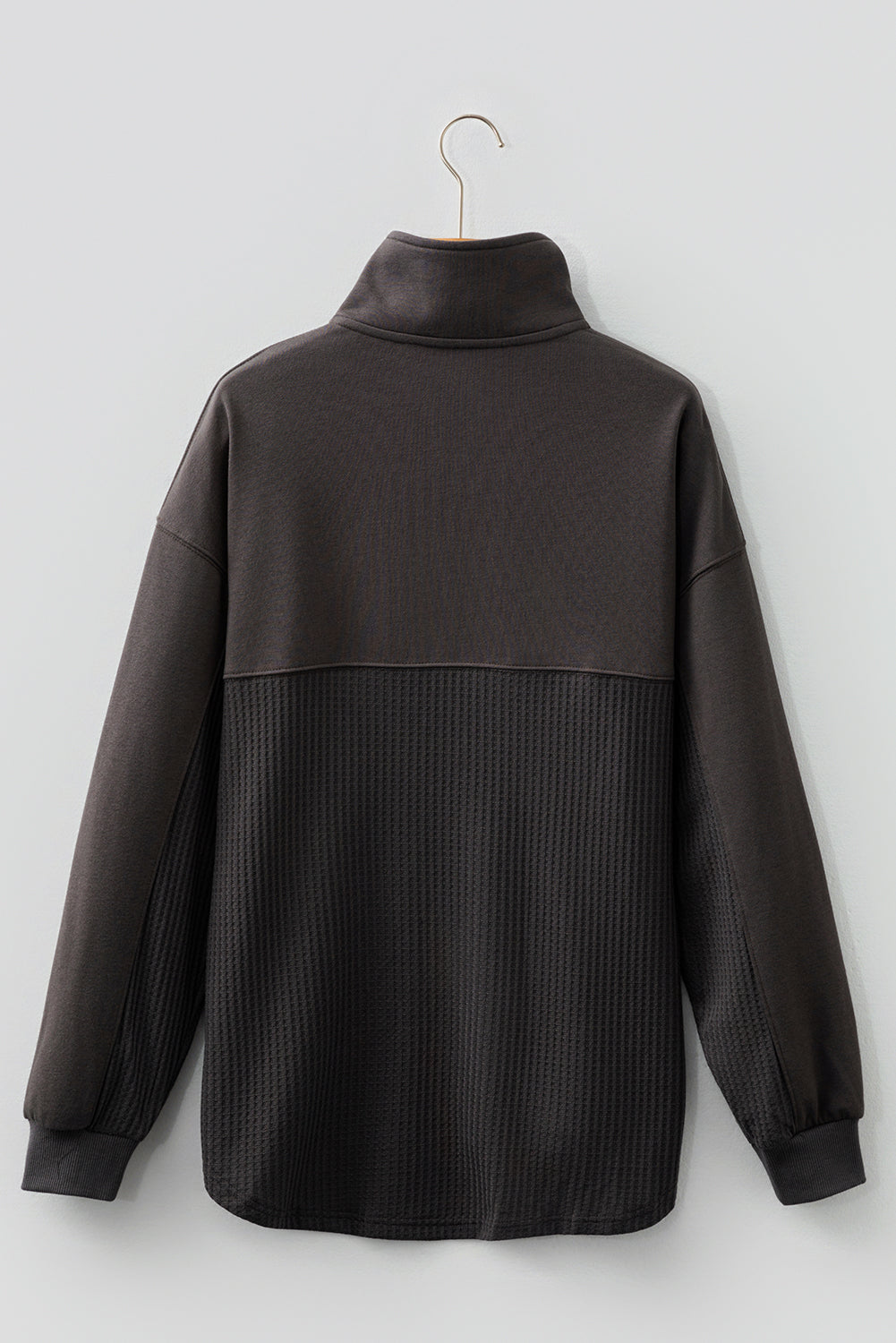 Carbon Grey Waffle Knit Patchwork Half Zipped Casual Sweatshirt