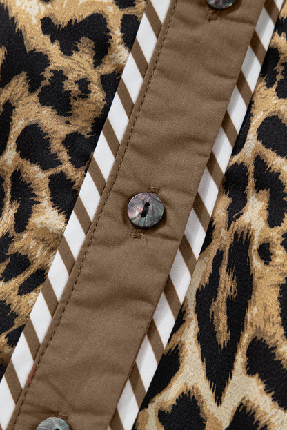 Brown Leopard Collared 3/4 Sleeve Shirt and Loose Pants Two Piece Outfit Set