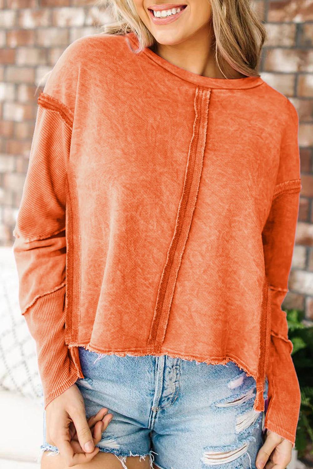 Orange Exposed Seamed High Low Raw Edge Sweatshirt - L & M Kee, LLC
