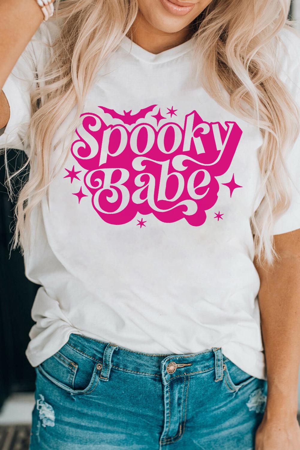 White Spooky Babe Bat Print Halloween Crewneck T Shirt - L & M Kee, LLC