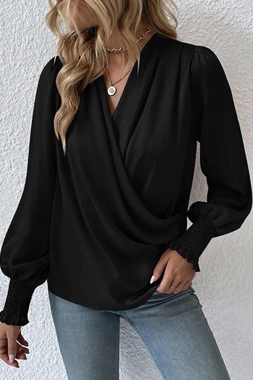 Black Solid Surplice Neck Shirred Cuffs Draped Blouse - L & M Kee, LLC